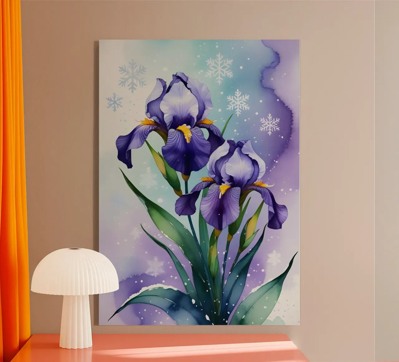 Pittura digitale di fiori di iris viola e fiocchi di neve plexiglass da Bloom And Brush