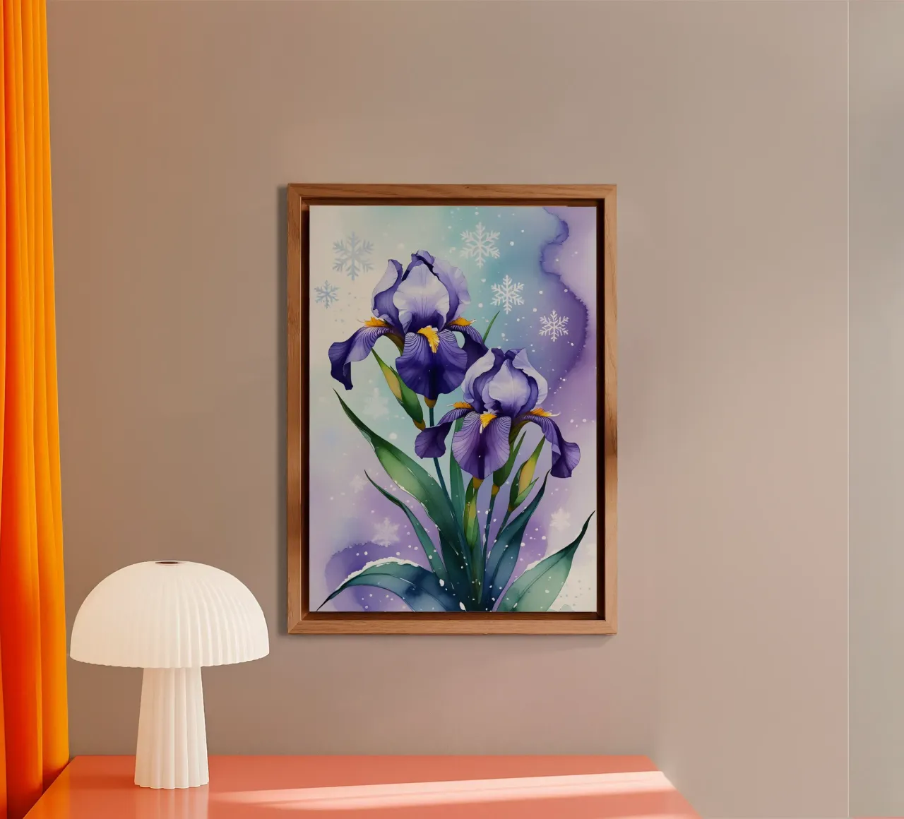 Pittura digitale di fiori di iris viola e fiocchi di neve alluminio dibond da Bloom And Brush