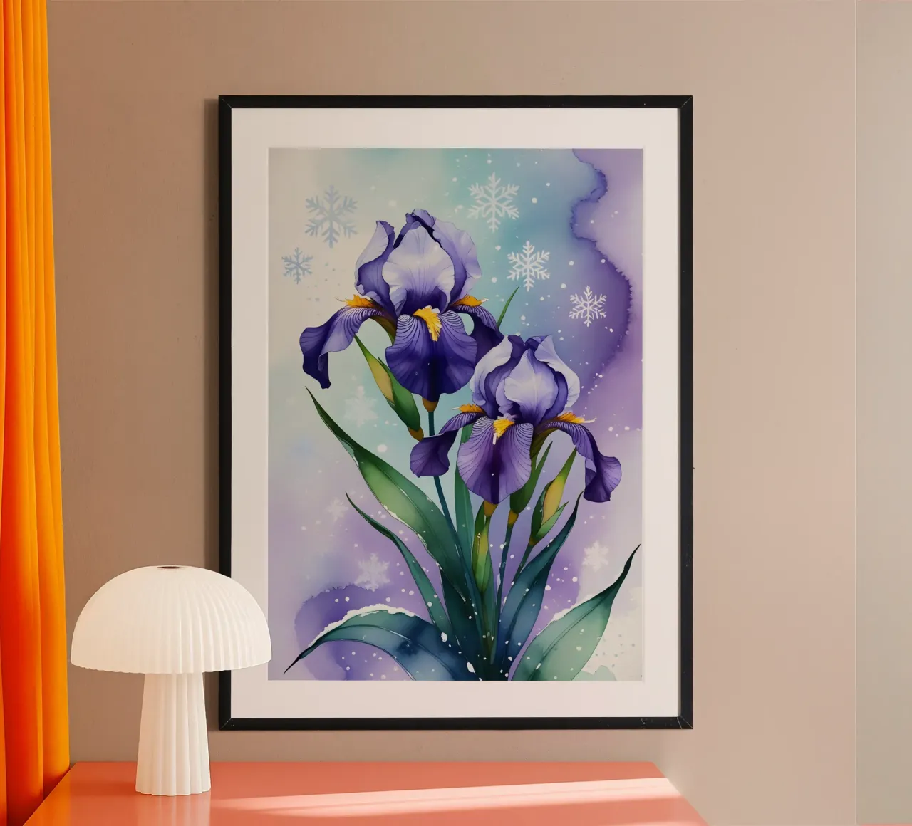 Pittura digitale di fiori di iris viola e fiocchi di neve carta hahnemühle da Bloom And Brush