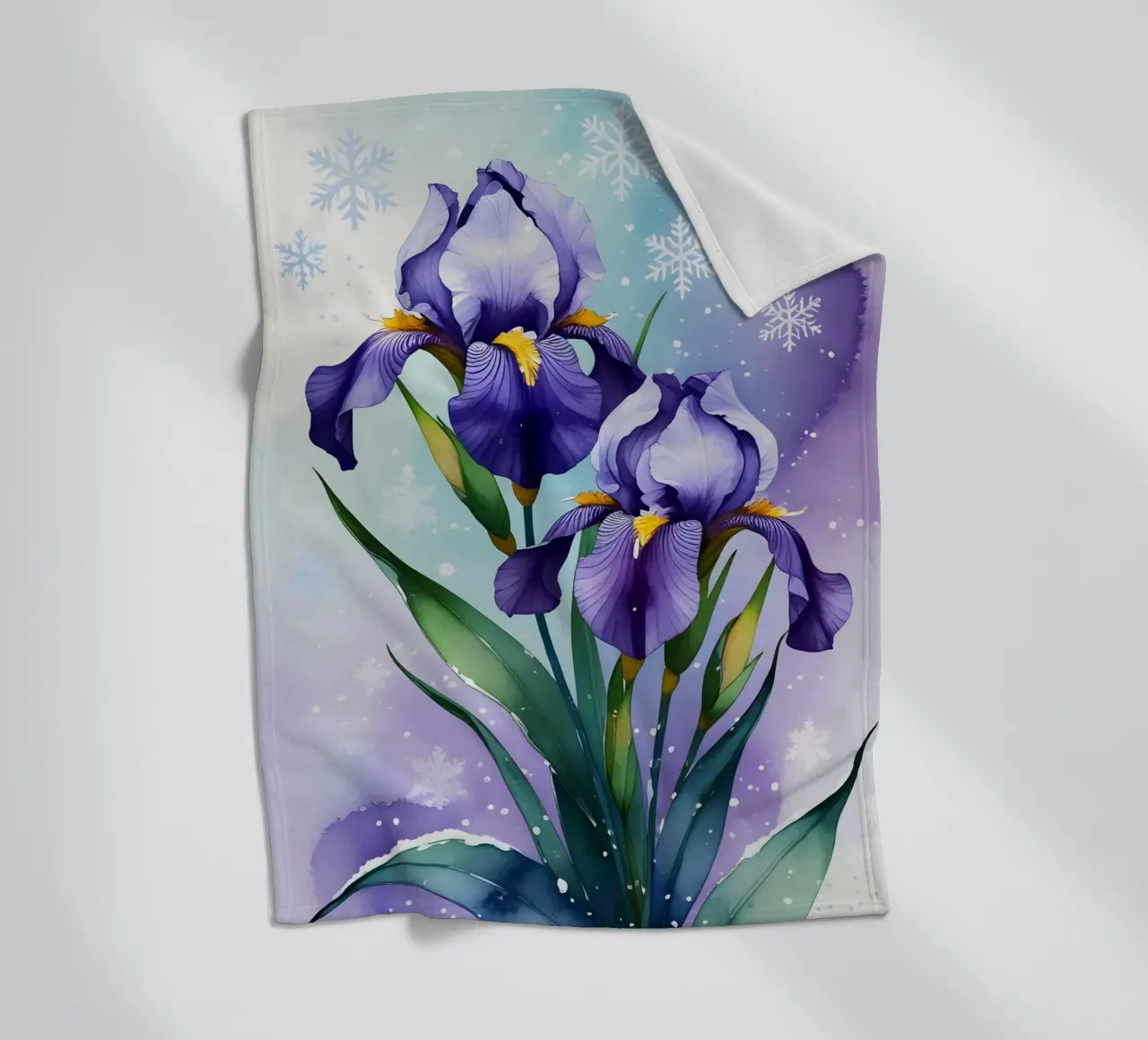 Pittura digitale di fiori di iris viola e fiocchi di neve coperta in pile da Bloom And Brush