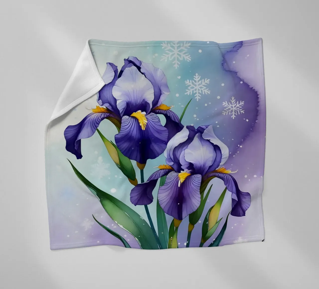 Pittura digitale di fiori di iris viola e fiocchi di neve coperta in pile da Bloom And Brush