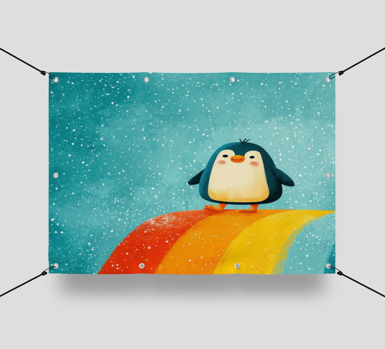 Illustrazione di un pinguino sull'arcobaleno telo in pvc da Atelier Ballon