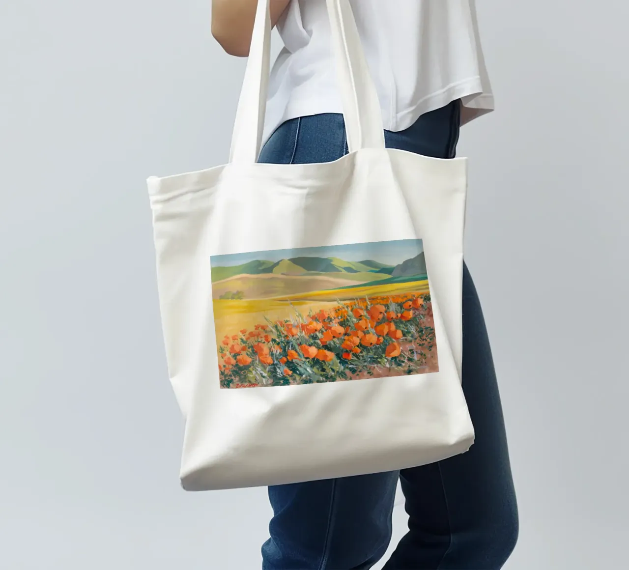 Patchwork di papaveri arancioni borsa in juta da Angkasa Mist