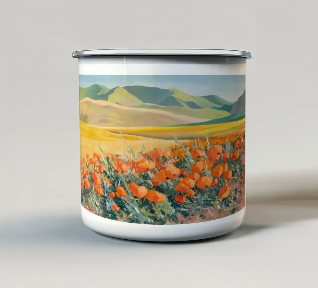 Patchwork di papaveri arancioni tazza in smalto da Angkasa Mist
