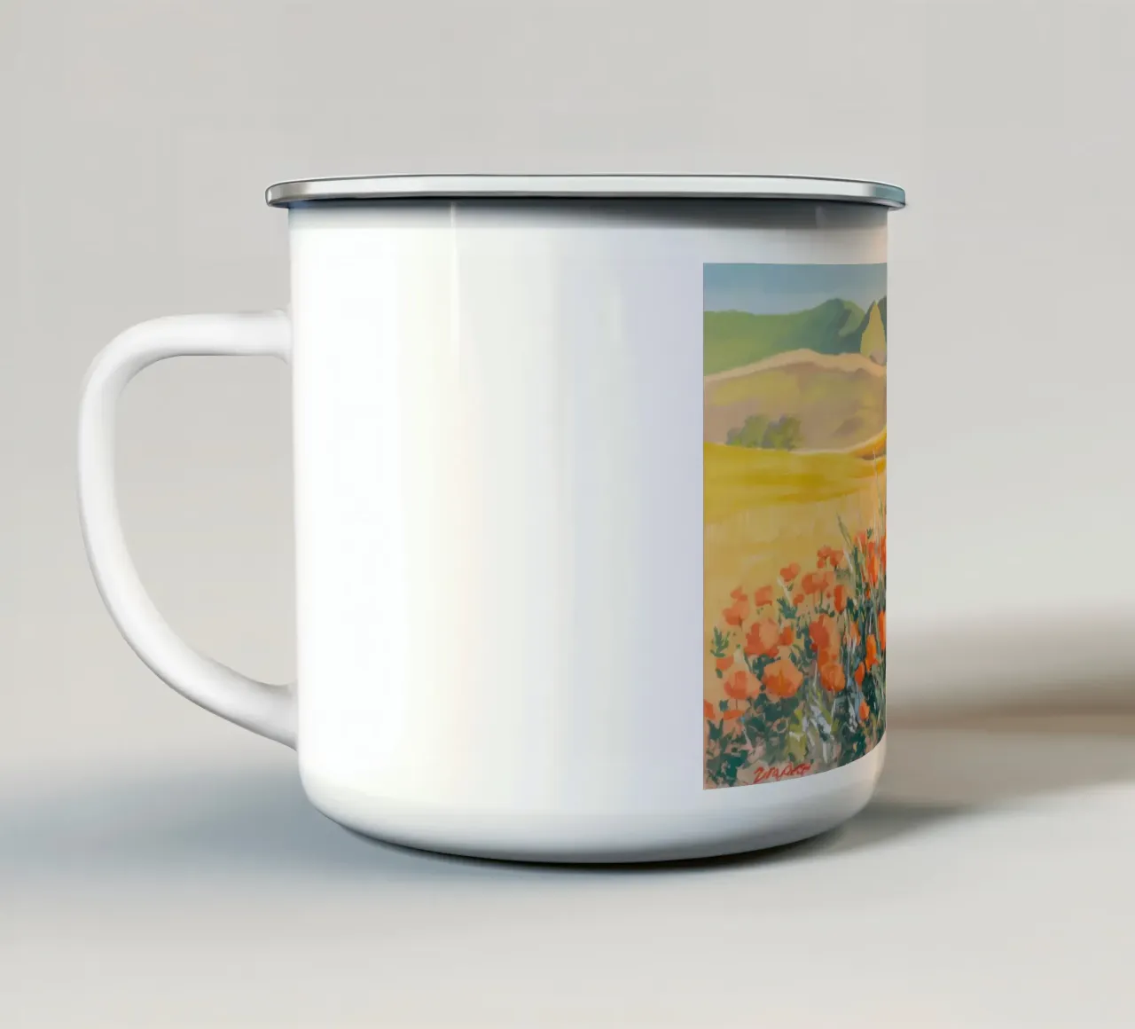 Patchwork di papaveri arancioni tazza in smalto da Angkasa Mist