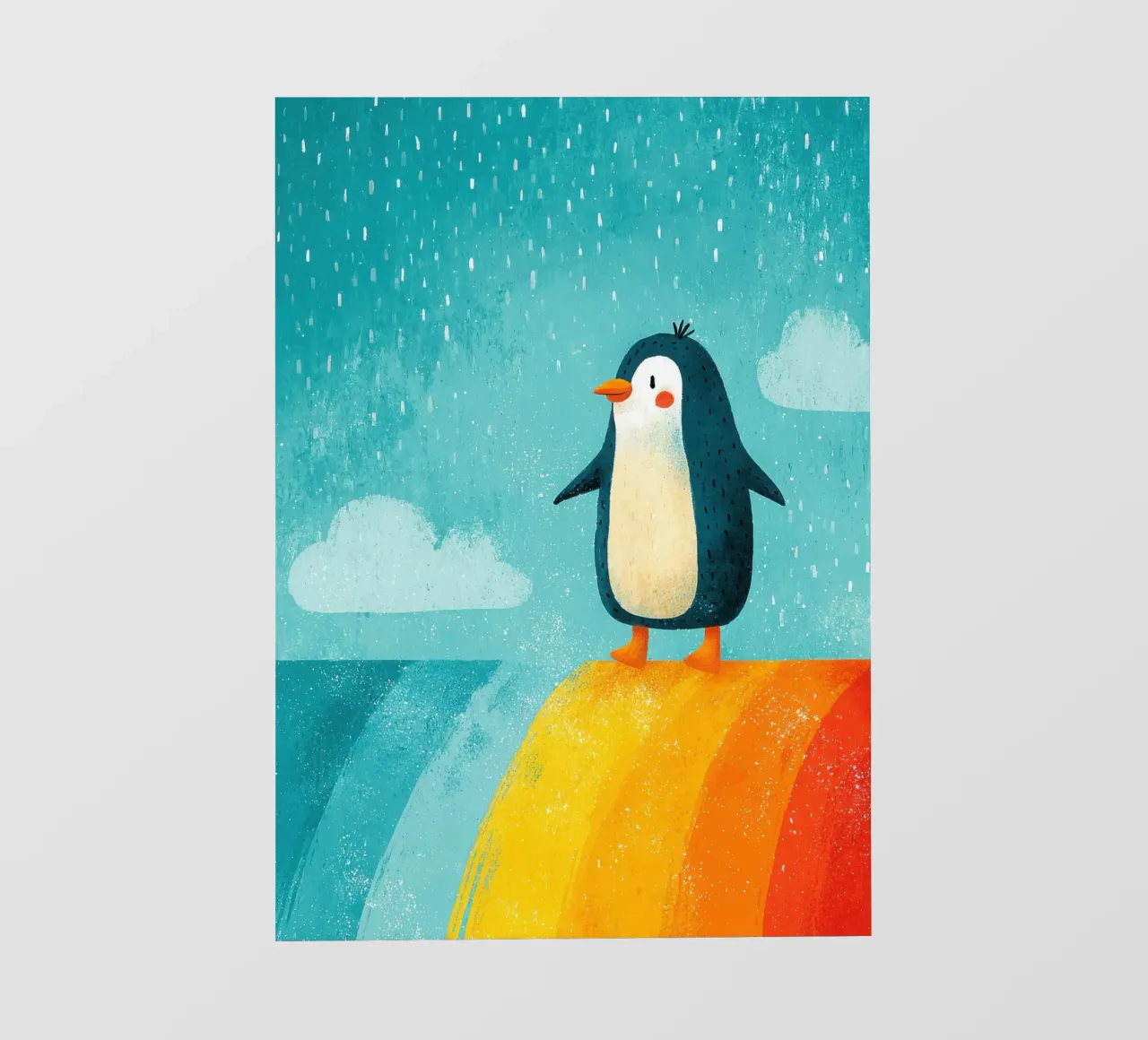 Illustrazione di un pinguino sull'arcobaleno telo in pvc da Atelier Ballon
