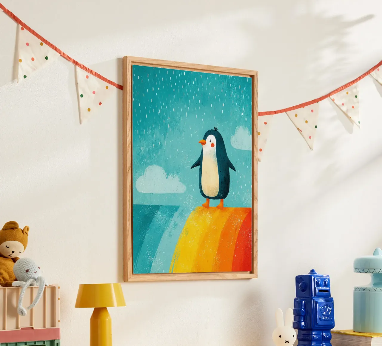 Ilustración de un pingüino sobre un arco iris metacrilato de Atelier Ballon