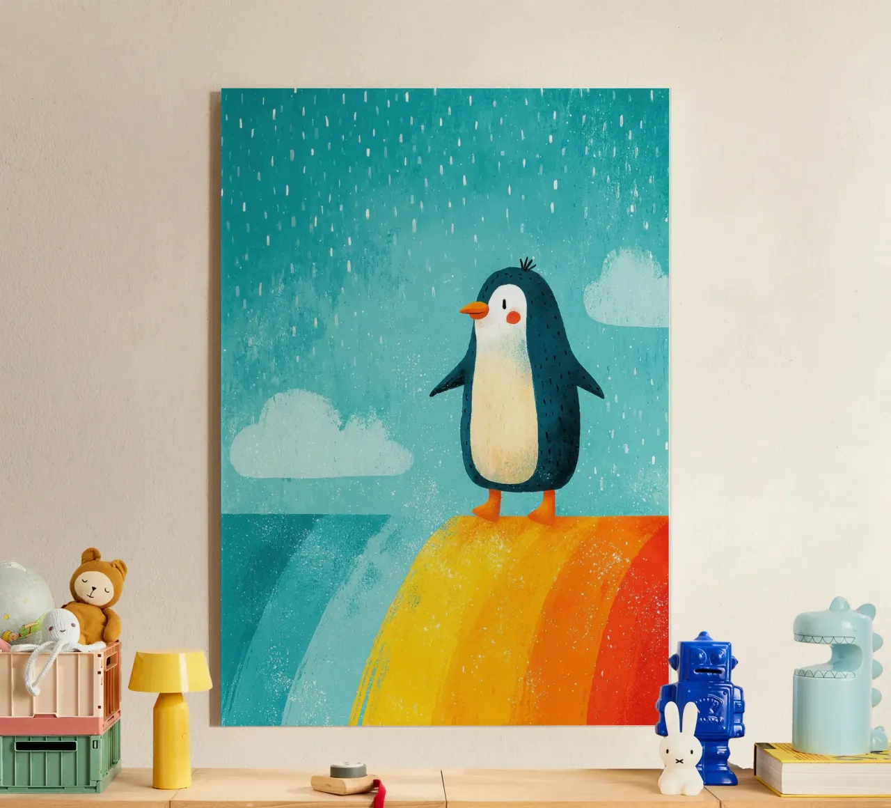 Ilustración de un pingüino sobre un arco iris metacrilato de Atelier Ballon