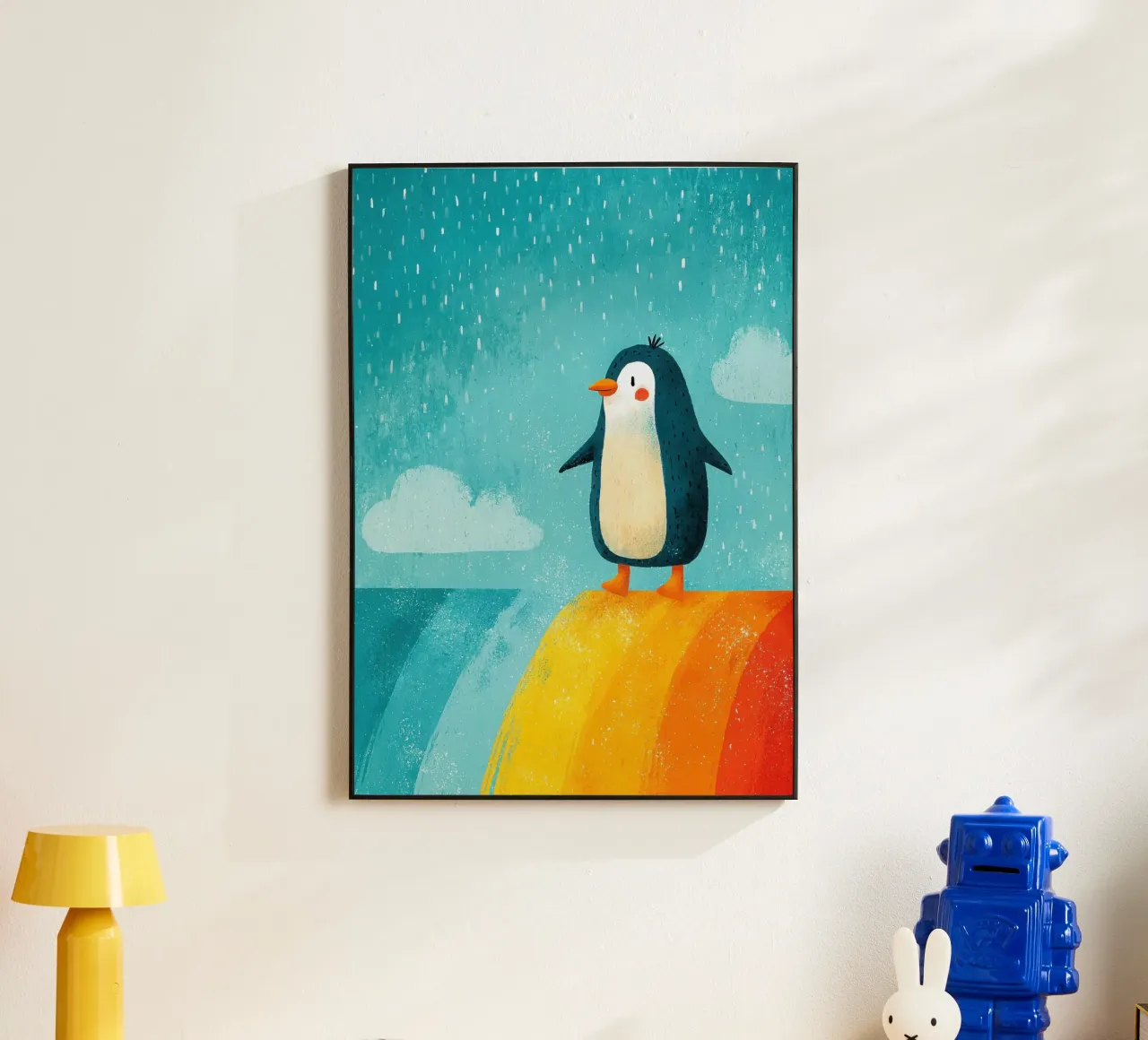 Illustrazione di un pinguino sull'arcobaleno alluminio dibond da Atelier Ballon