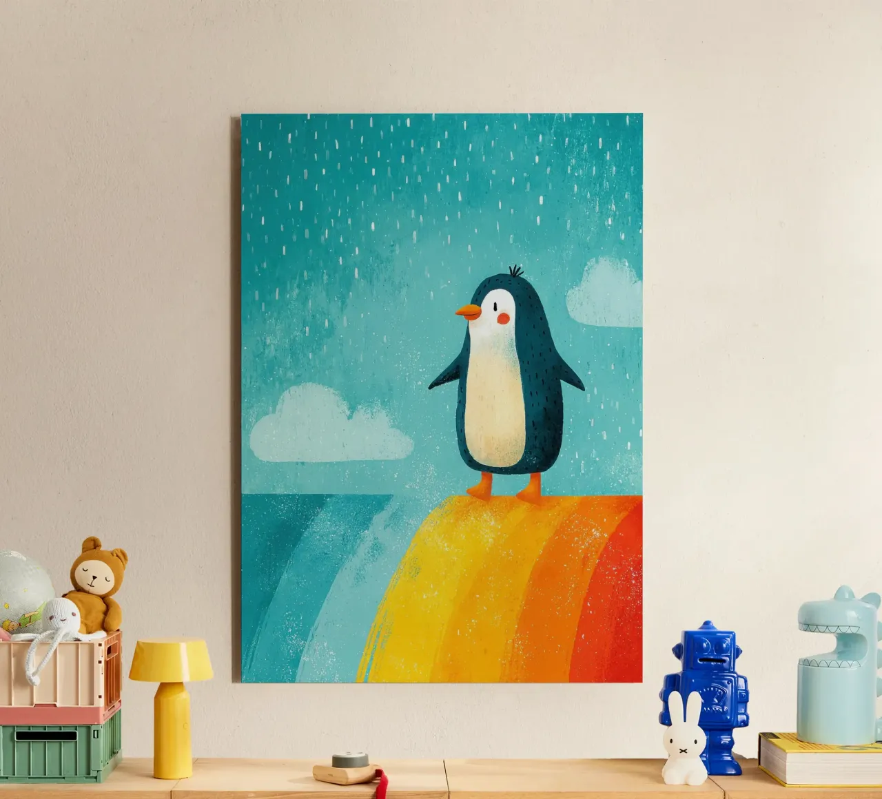 Illustrazione di un pinguino sull'arcobaleno alluminio dibond da Atelier Ballon