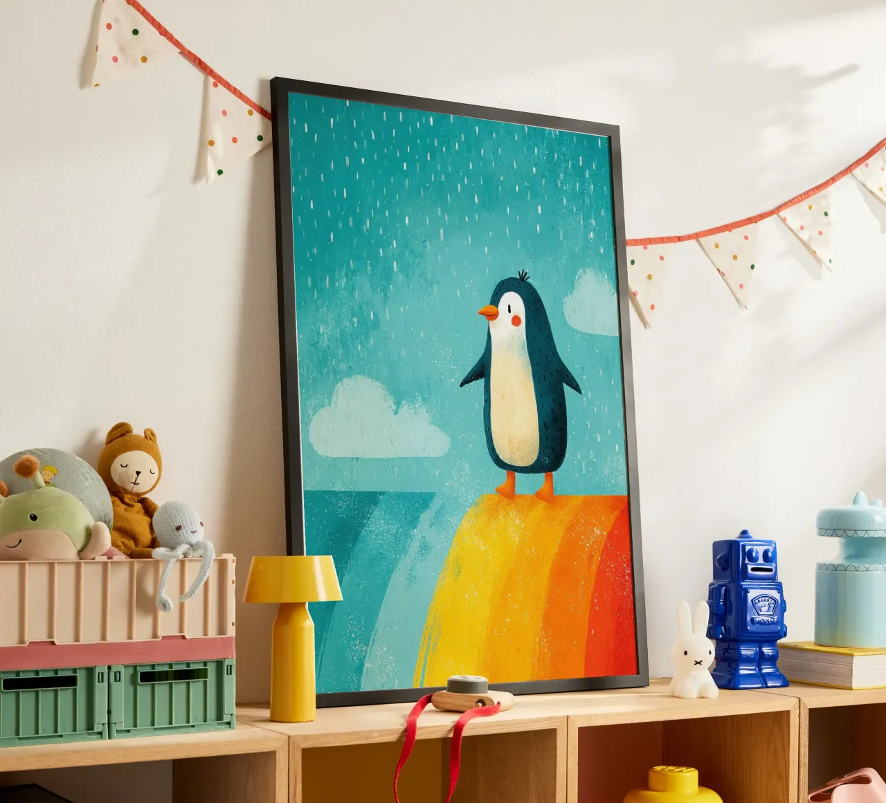 Illustrazione di un pinguino sull'arcobaleno carta hahnemühle da Atelier Ballon