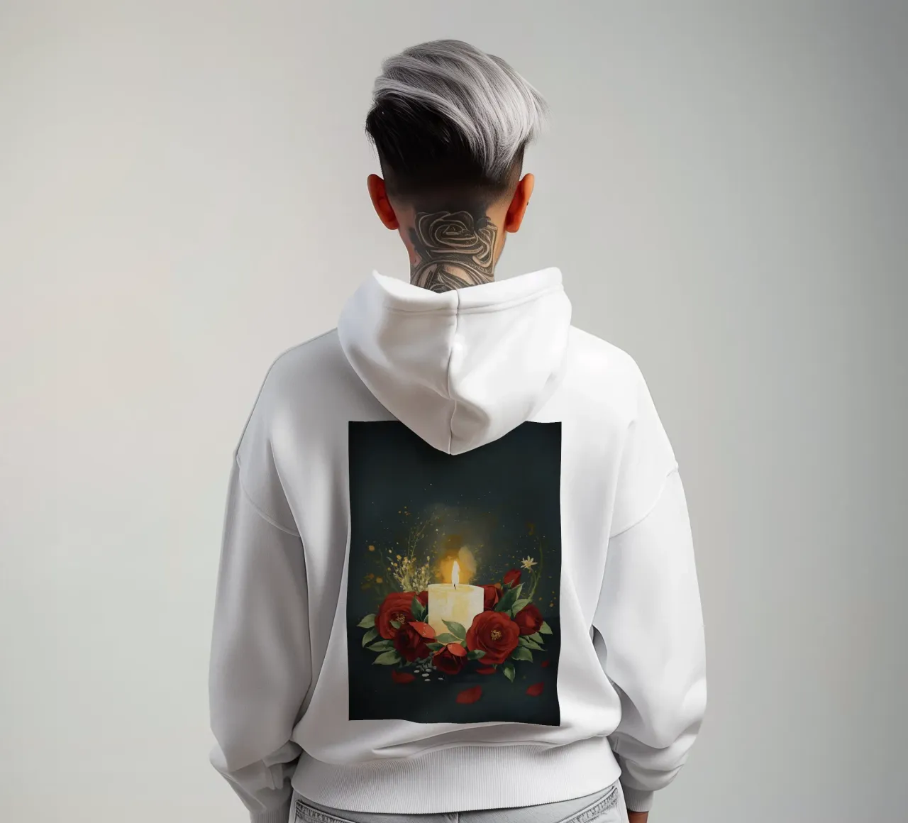 Pittura digitale di rose rosse e candele bianche felpa con cappuccio da Bloom And Brush