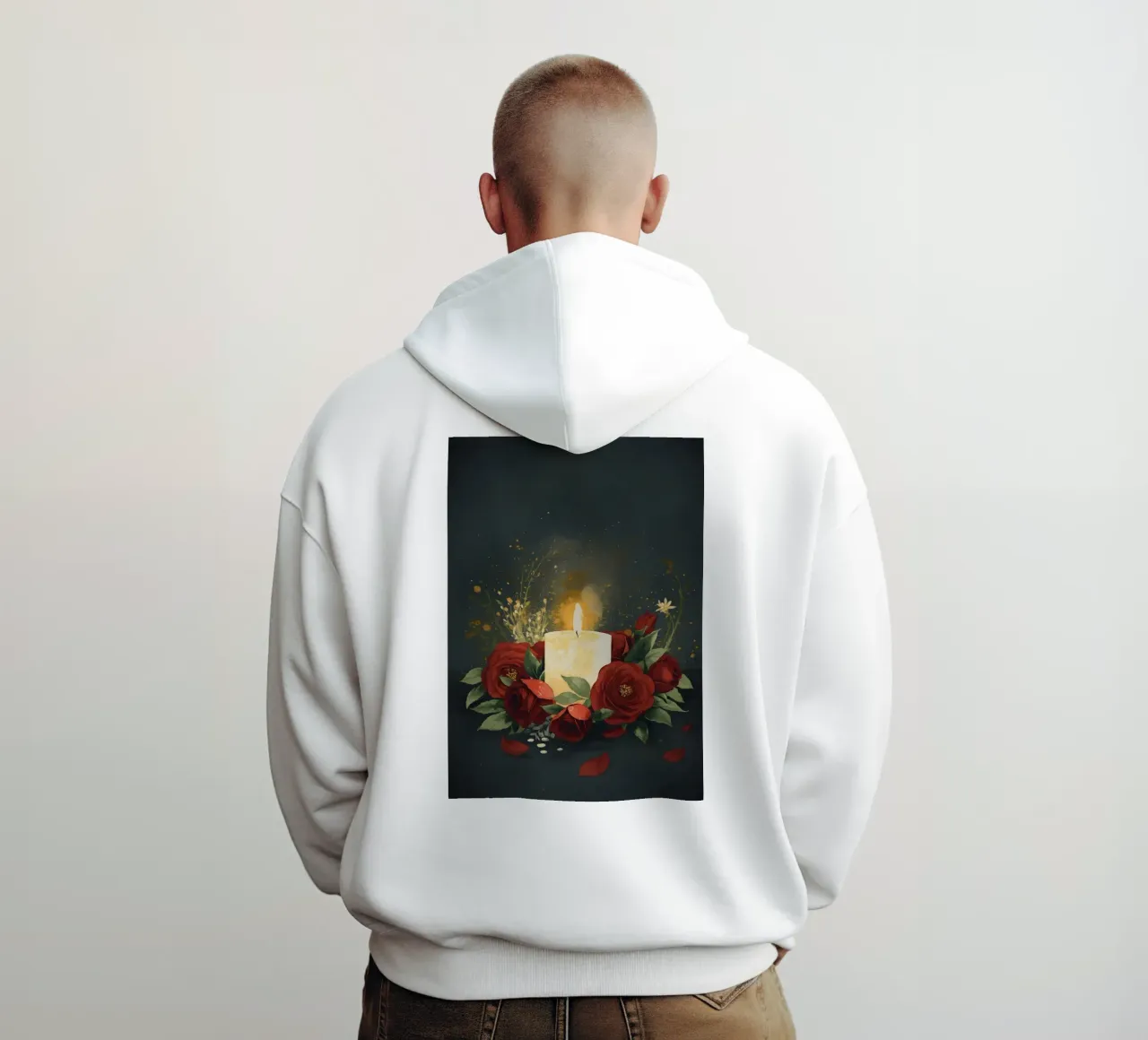 Pittura digitale di rose rosse e candele bianche felpa con cappuccio da Bloom And Brush