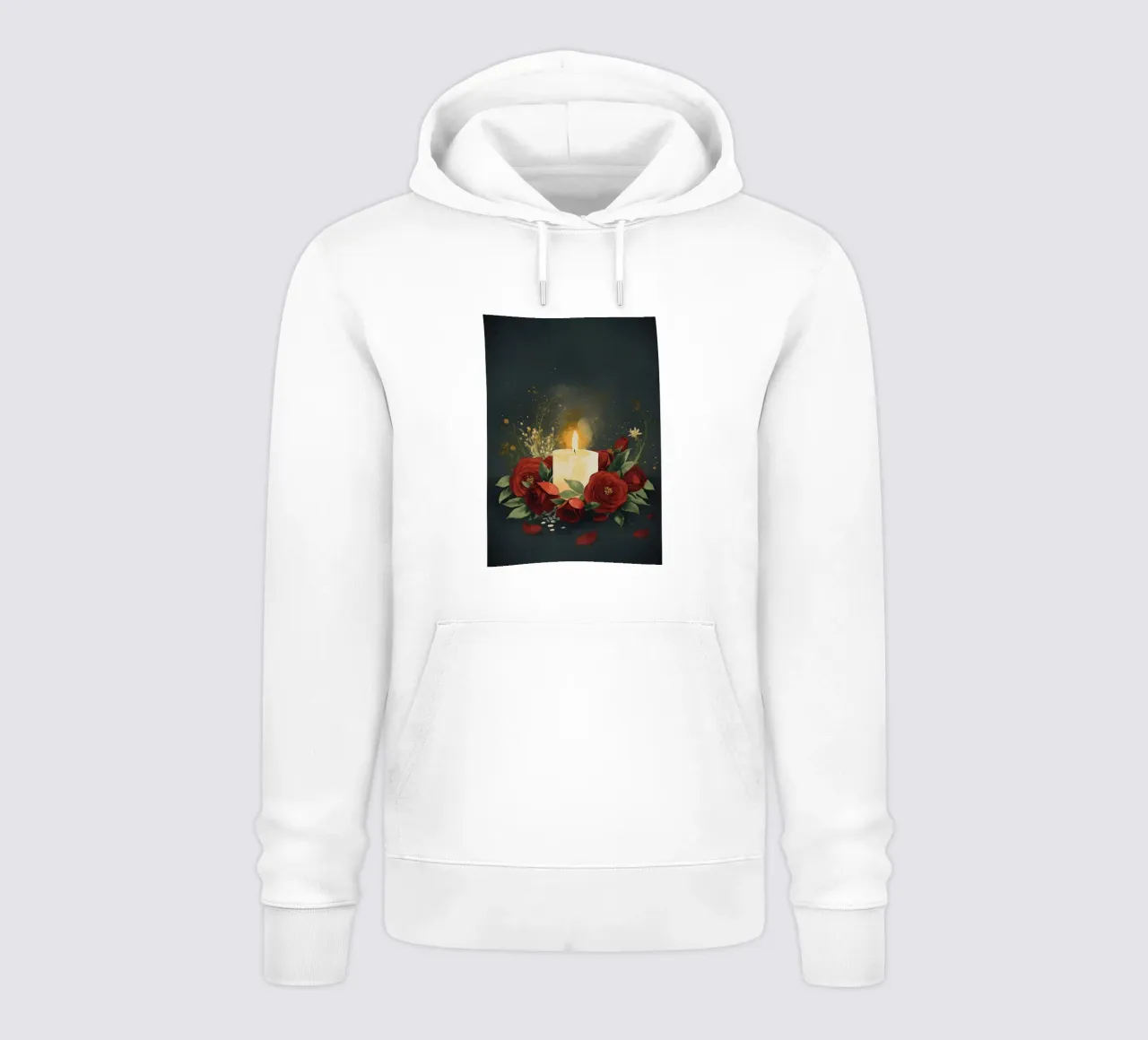 Pittura digitale di rose rosse e candele bianche felpa con cappuccio da Bloom And Brush