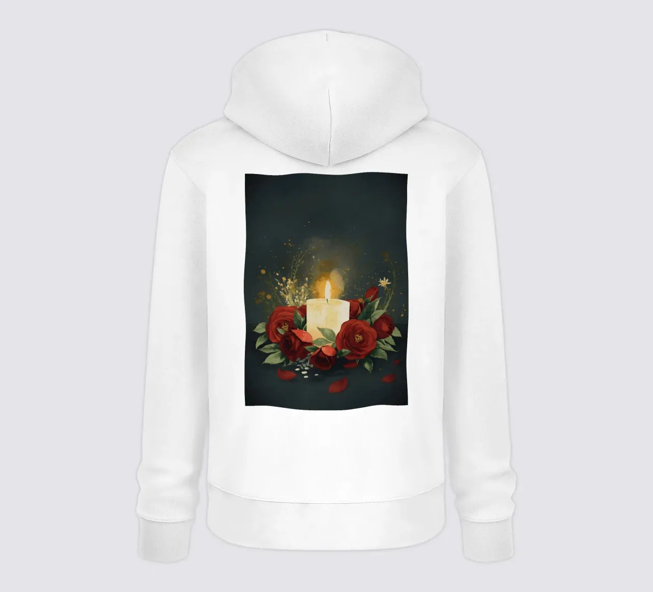 Pittura digitale di rose rosse e candele bianche felpa con cappuccio da Bloom And Brush