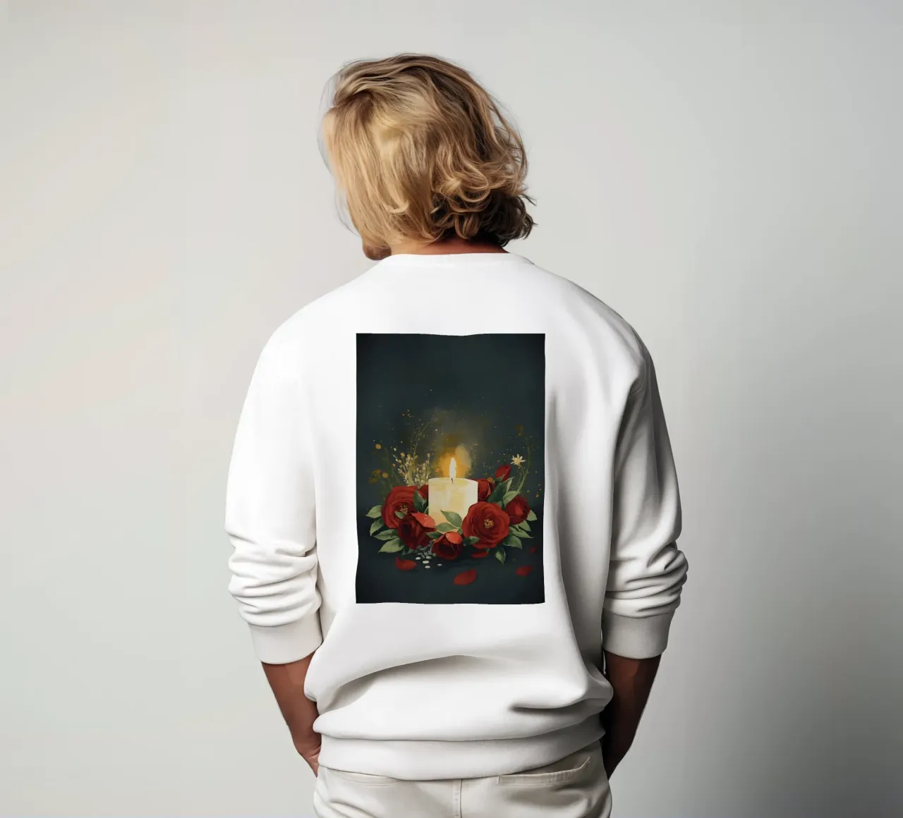 Pittura digitale di rose rosse e candele bianche felpa da Bloom And Brush
