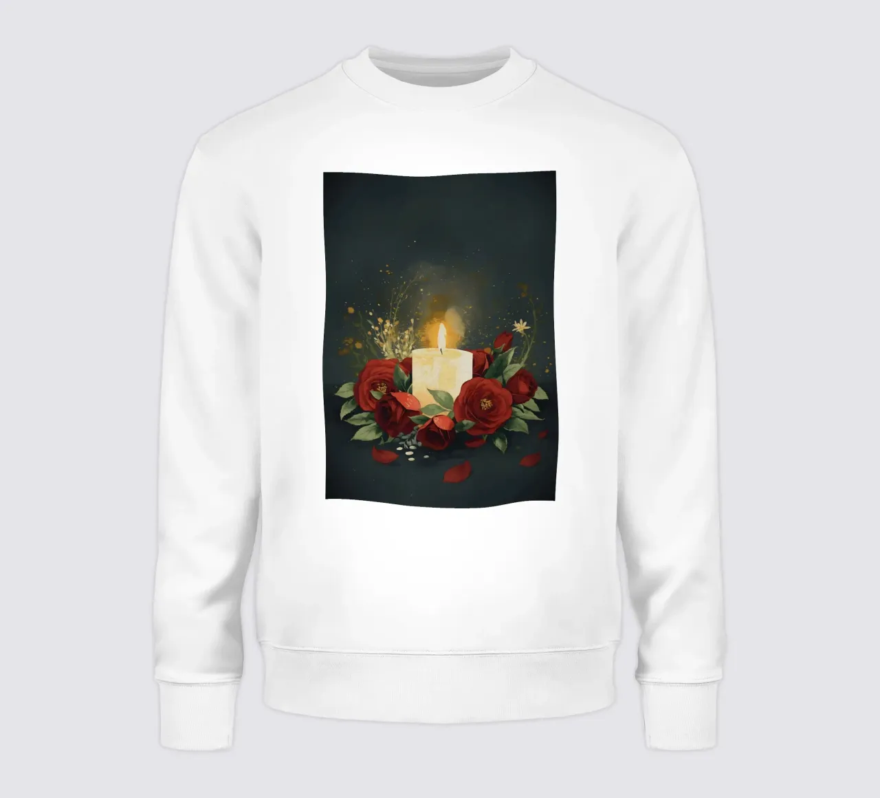 Pittura digitale di rose rosse e candele bianche felpa da Bloom And Brush