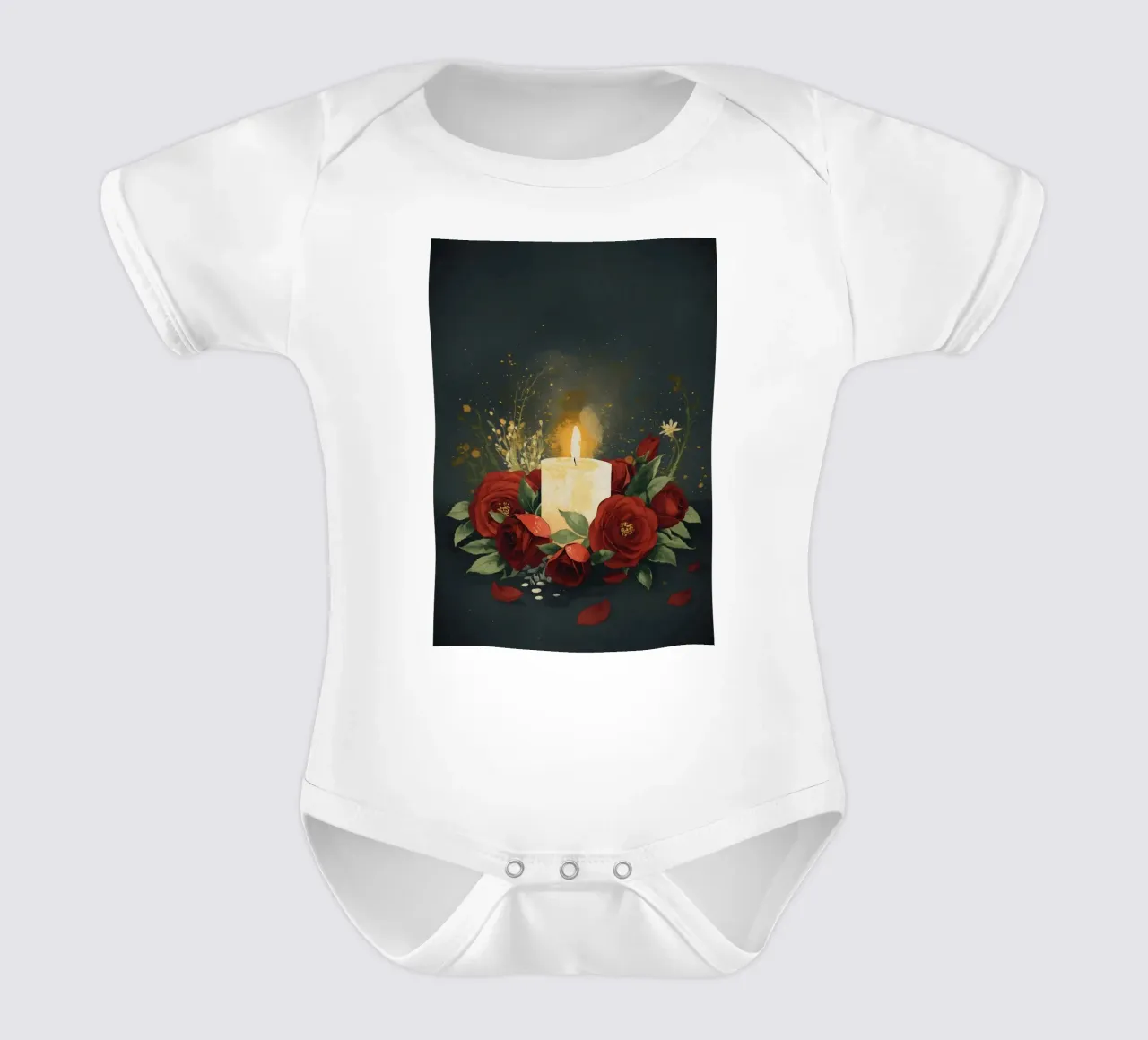 Pittura digitale di rose rosse e candele bianche body neonato maniche corte da Bloom And Brush