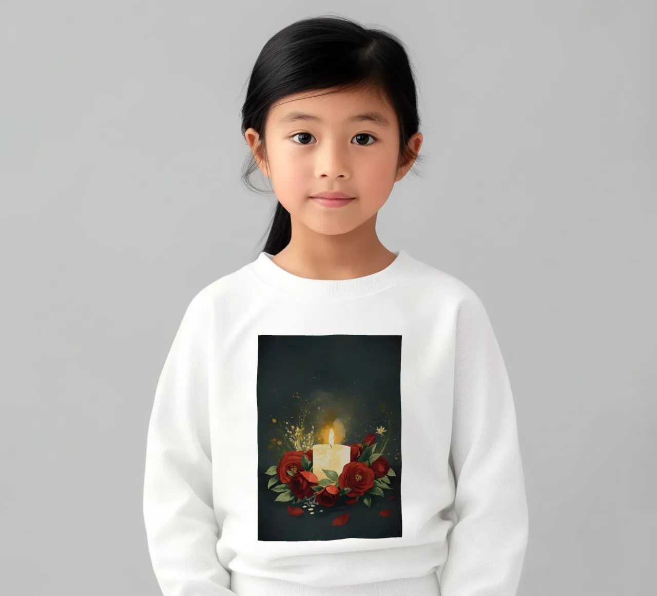 Pittura digitale di rose rosse e candele bianche felpa bambino da Bloom And Brush