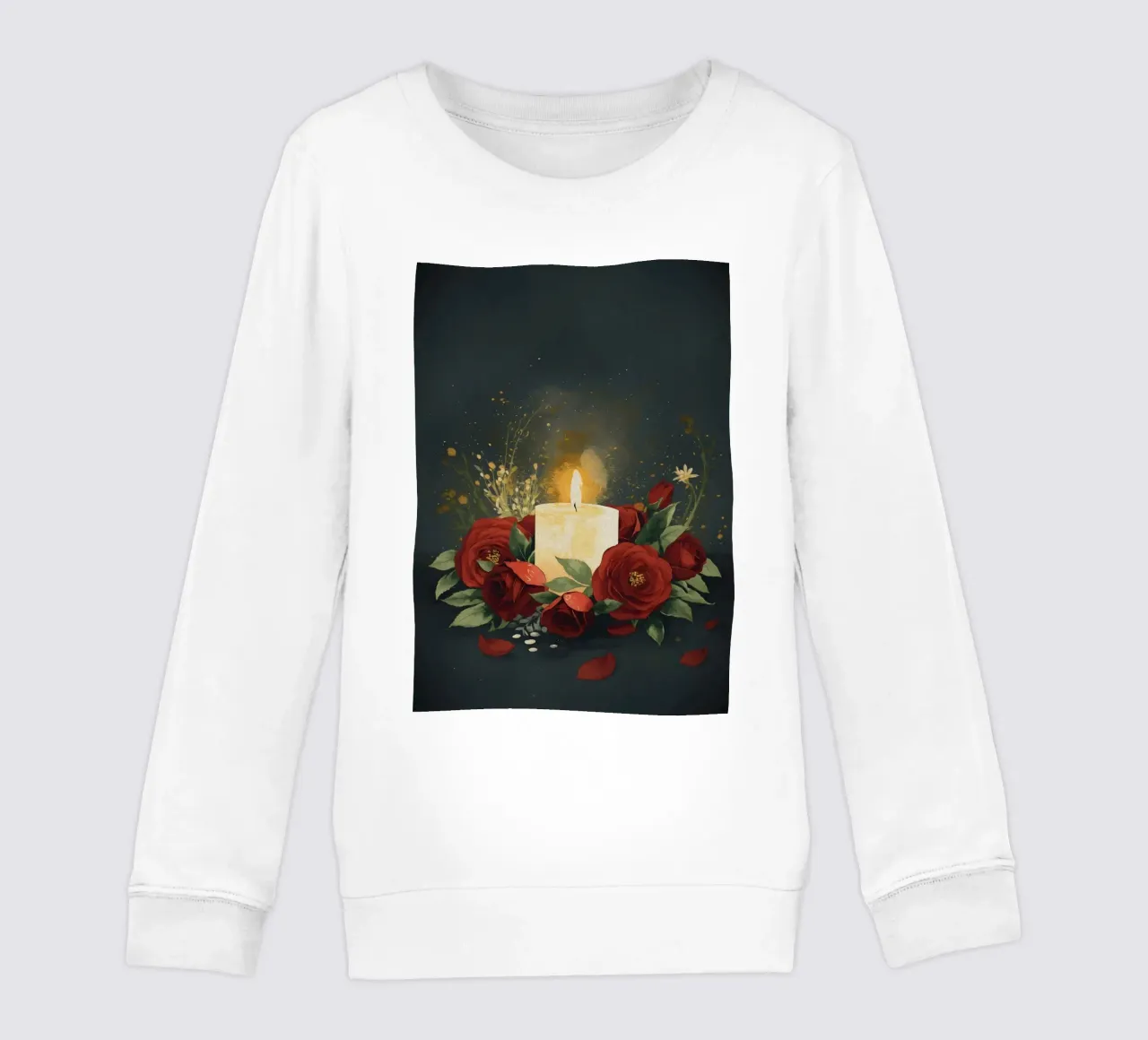 Pittura digitale di rose rosse e candele bianche felpa bambino da Bloom And Brush