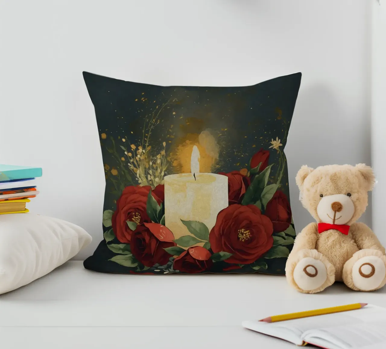 Pittura digitale di rose rosse e candele bianche cuscino da Bloom And Brush