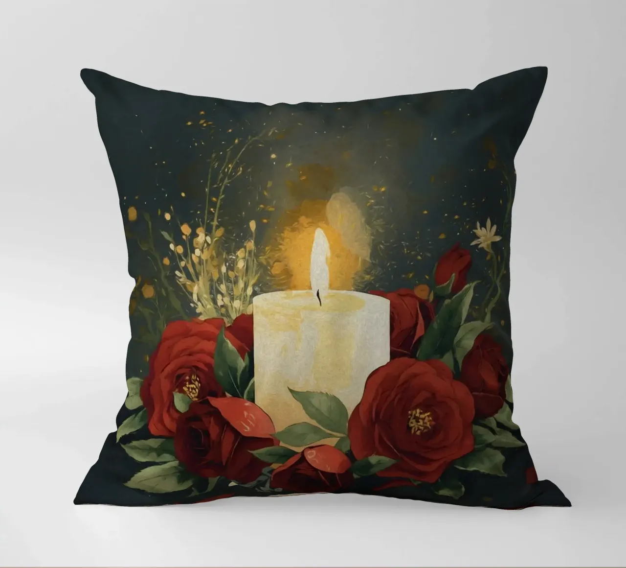Pittura digitale di rose rosse e candele bianche cuscino da Bloom And Brush
