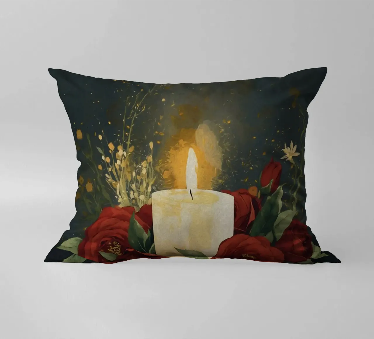 Pittura digitale di rose rosse e candele bianche cuscino da Bloom And Brush