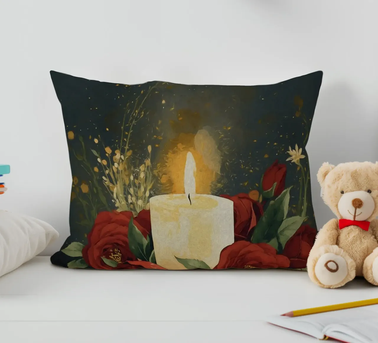 Pittura digitale di rose rosse e candele bianche cuscino da Bloom And Brush