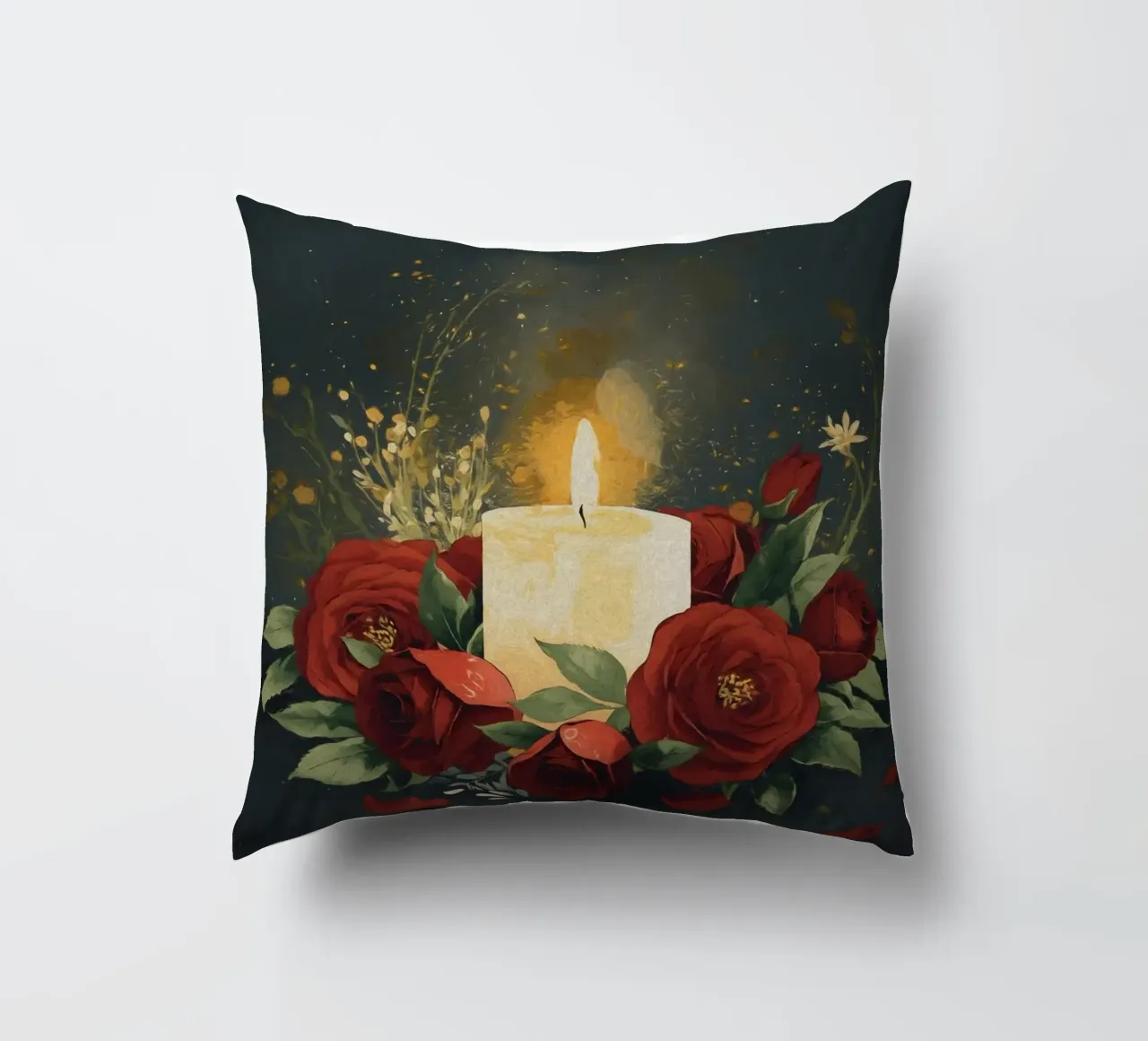 Pittura digitale di rose rosse e candele bianche cuscino da Bloom And Brush