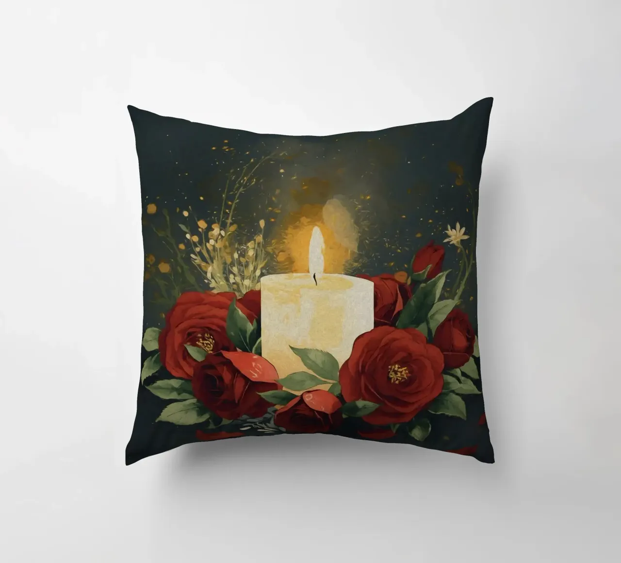 Pittura digitale di rose rosse e candele bianche cuscino da Bloom And Brush