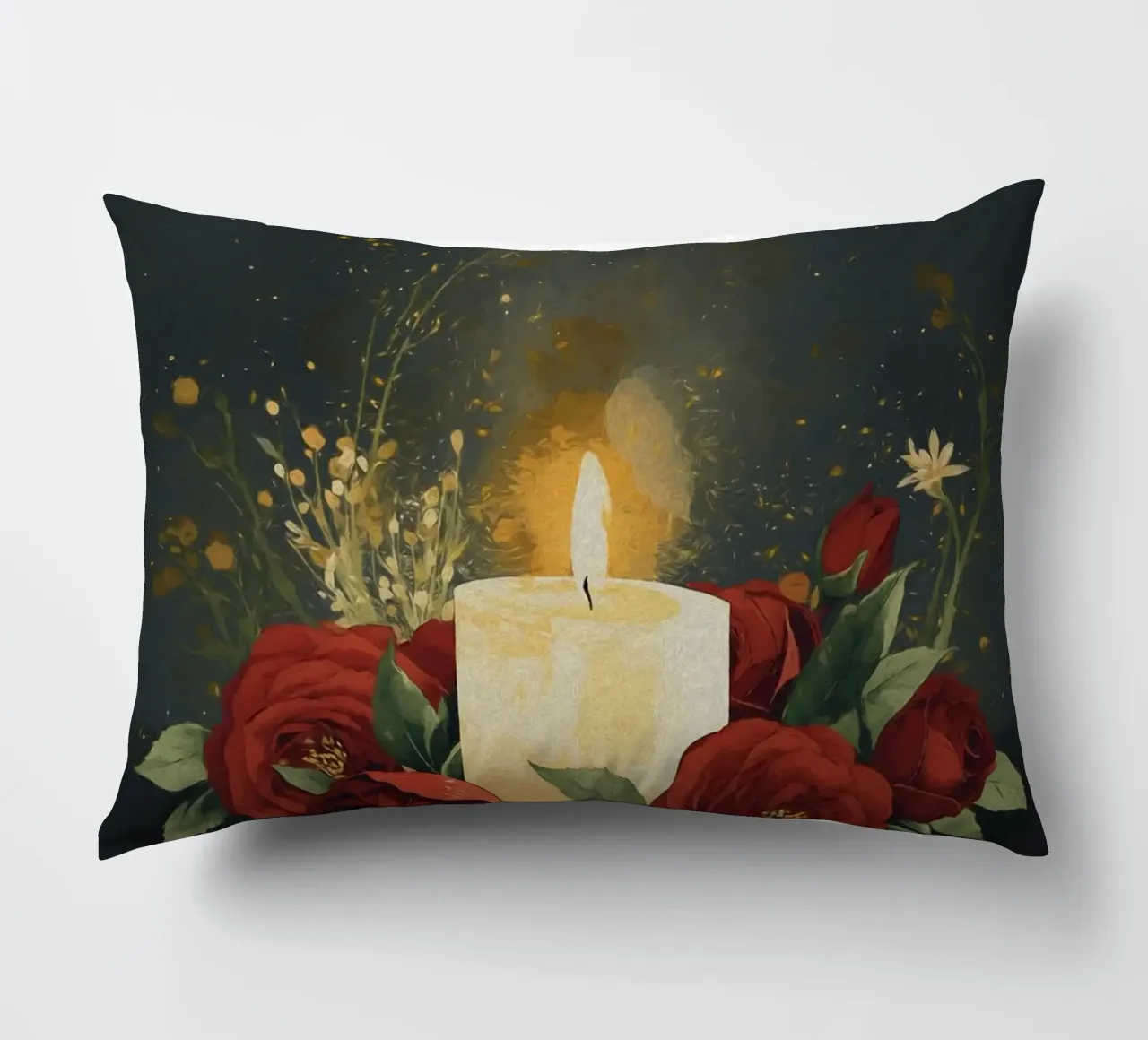 Pittura digitale di rose rosse e candele bianche cuscino da Bloom And Brush