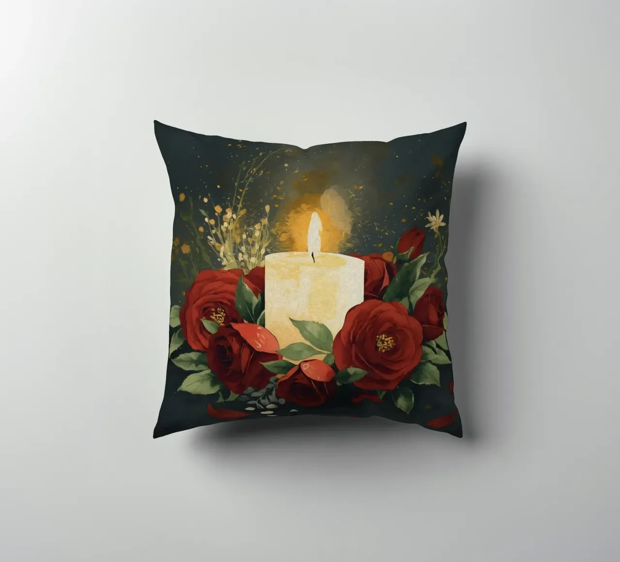 Pittura digitale di rose rosse e candele bianche cuscino da Bloom And Brush