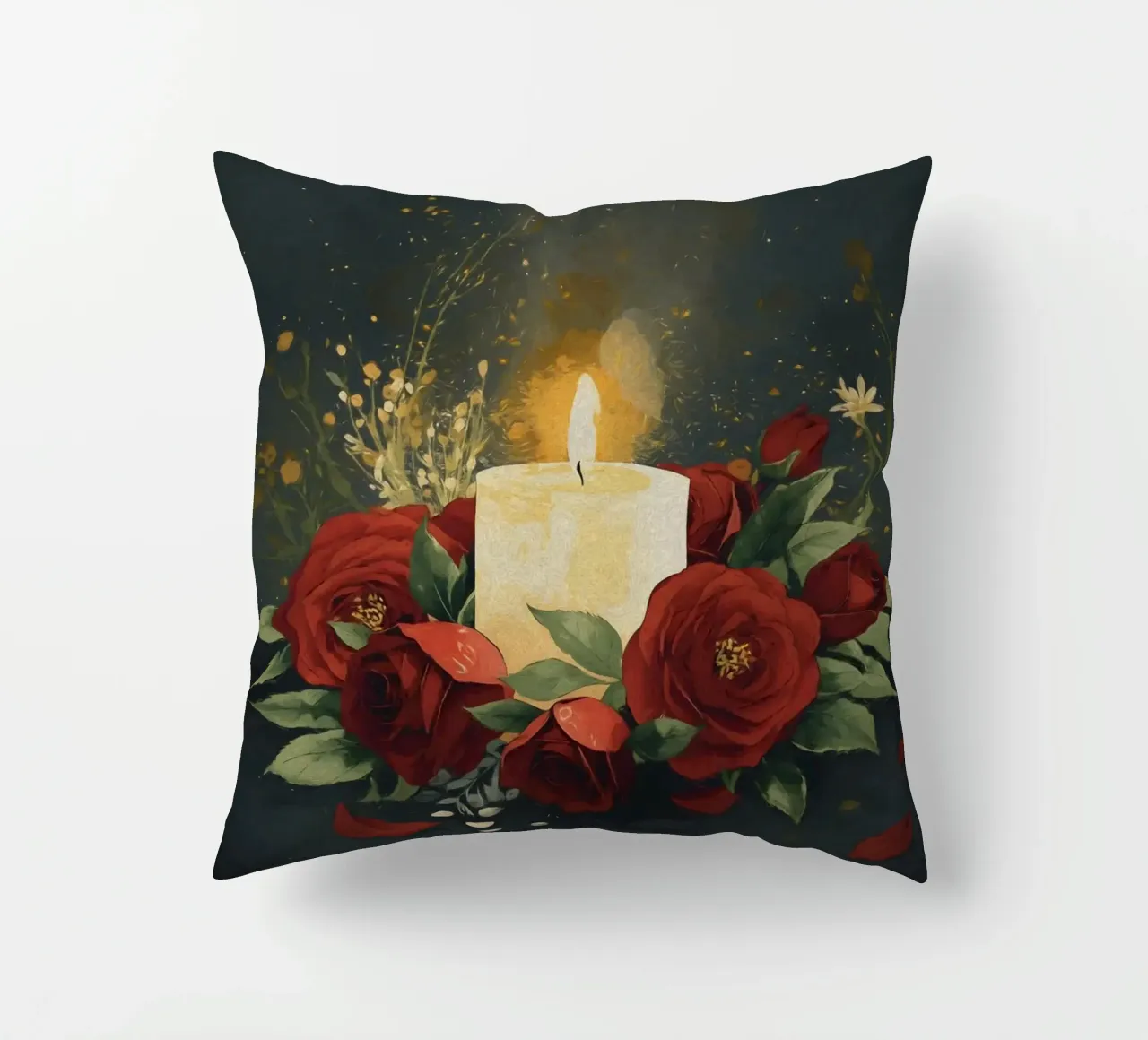 Pittura digitale di rose rosse e candele bianche cuscino da Bloom And Brush