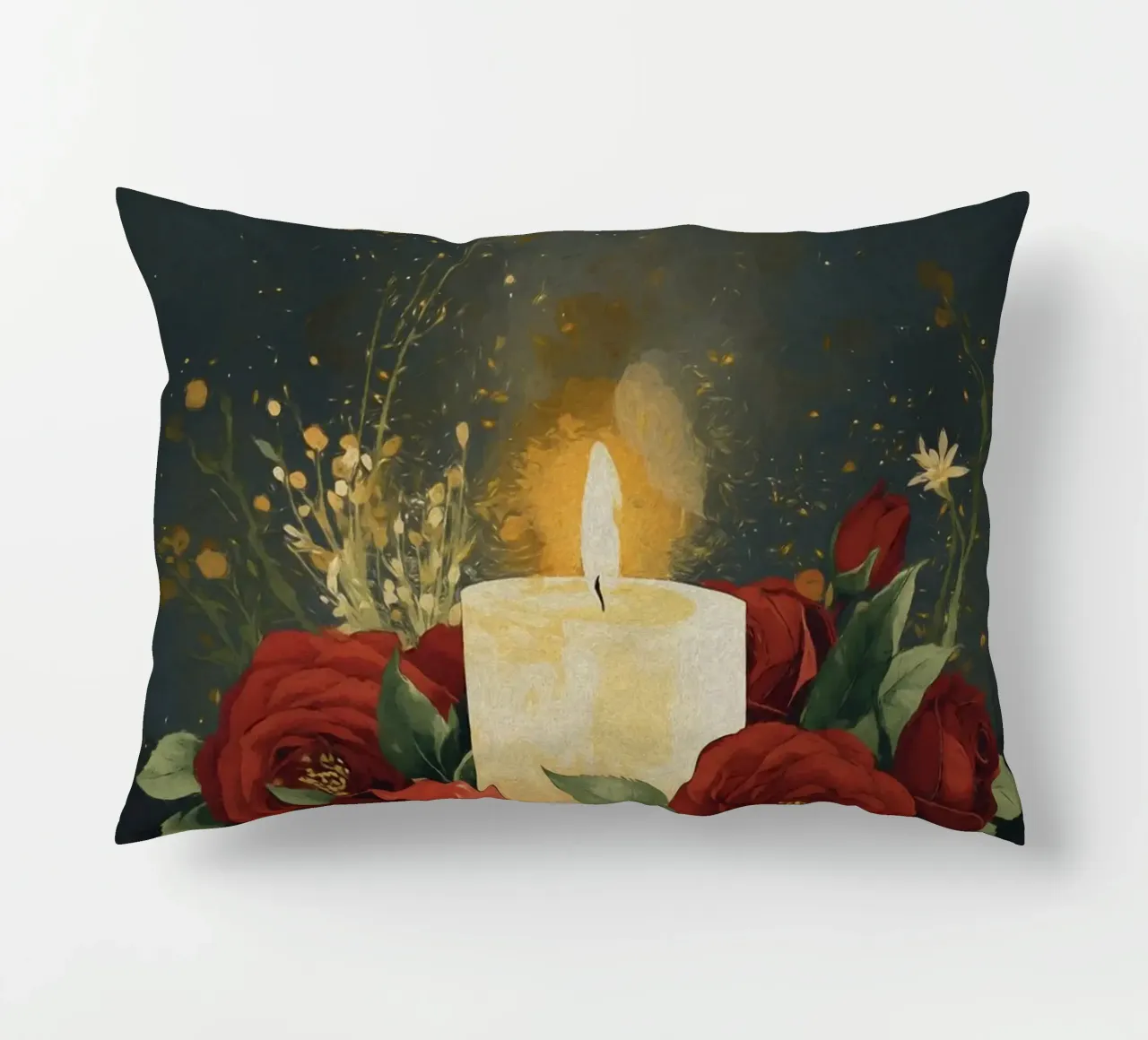 Pittura digitale di rose rosse e candele bianche cuscino da Bloom And Brush