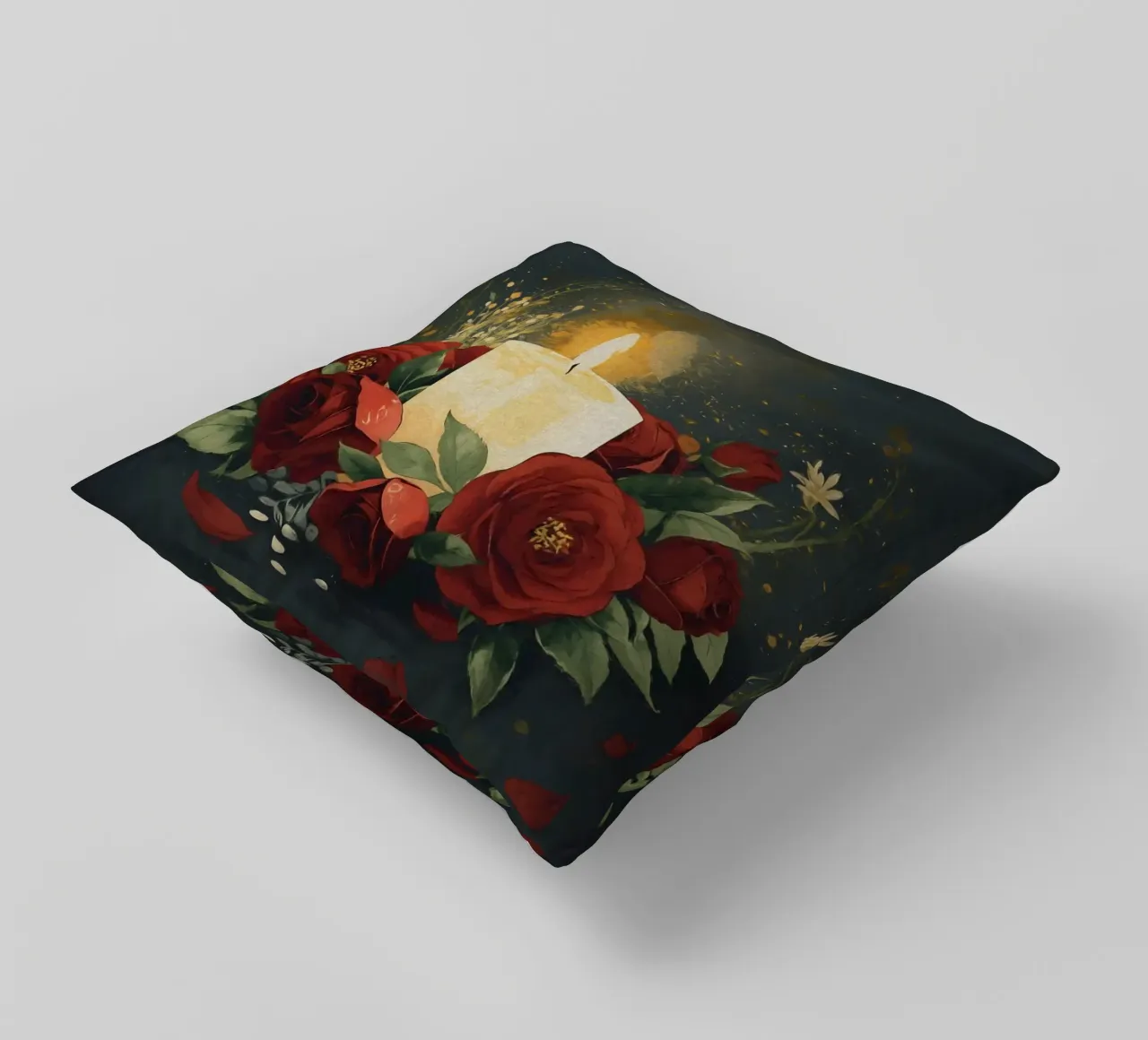 Pittura digitale di rose rosse e candele bianche cuscino da Bloom And Brush