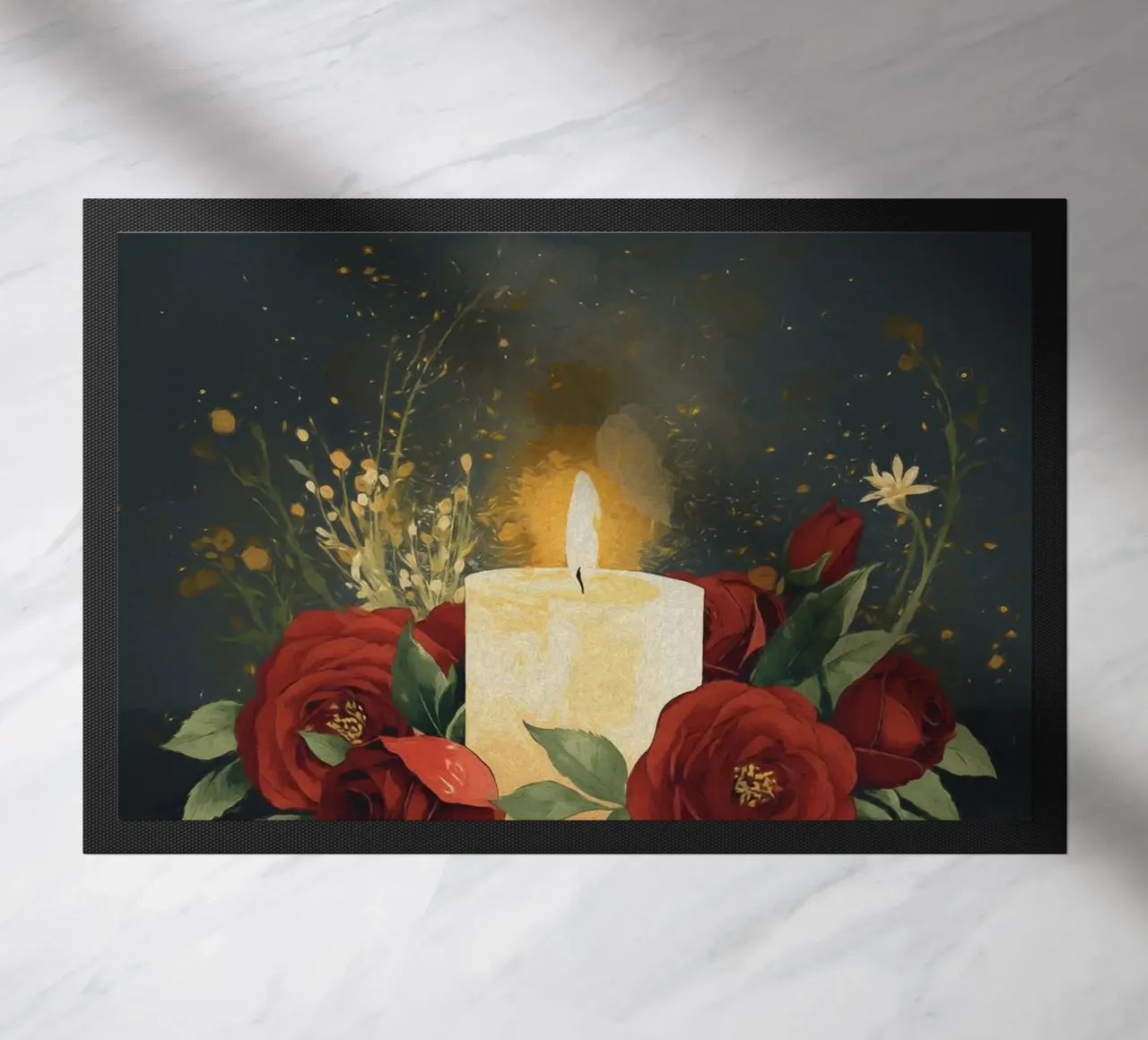 Pittura digitale di rose rosse e candele bianche zerbino da Bloom And Brush