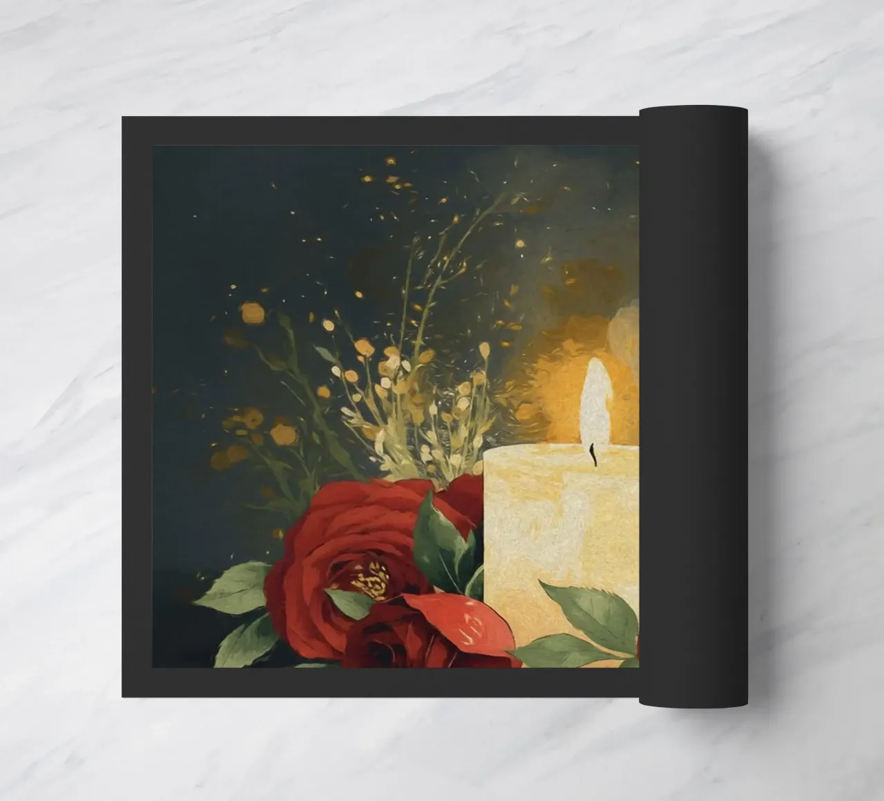 Pittura digitale di rose rosse e candele bianche zerbino da Bloom And Brush