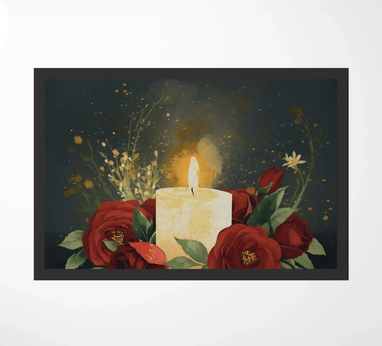 Pittura digitale di rose rosse e candele bianche zerbino da Bloom And Brush