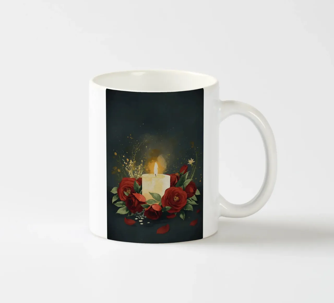 Pittura digitale di rose rosse e candele bianche tazza in ceramica da Bloom And Brush