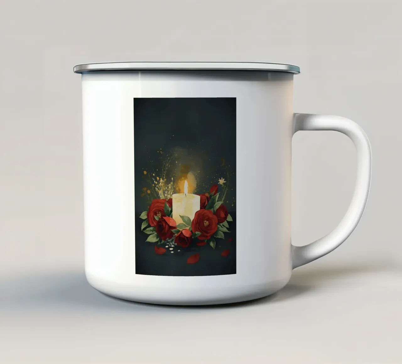 Pittura digitale di rose rosse e candele bianche tazza in smalto da Bloom And Brush