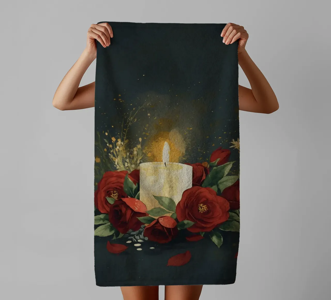 Pittura digitale di rose rosse e candele bianche asciugamano da bagno da Bloom And Brush