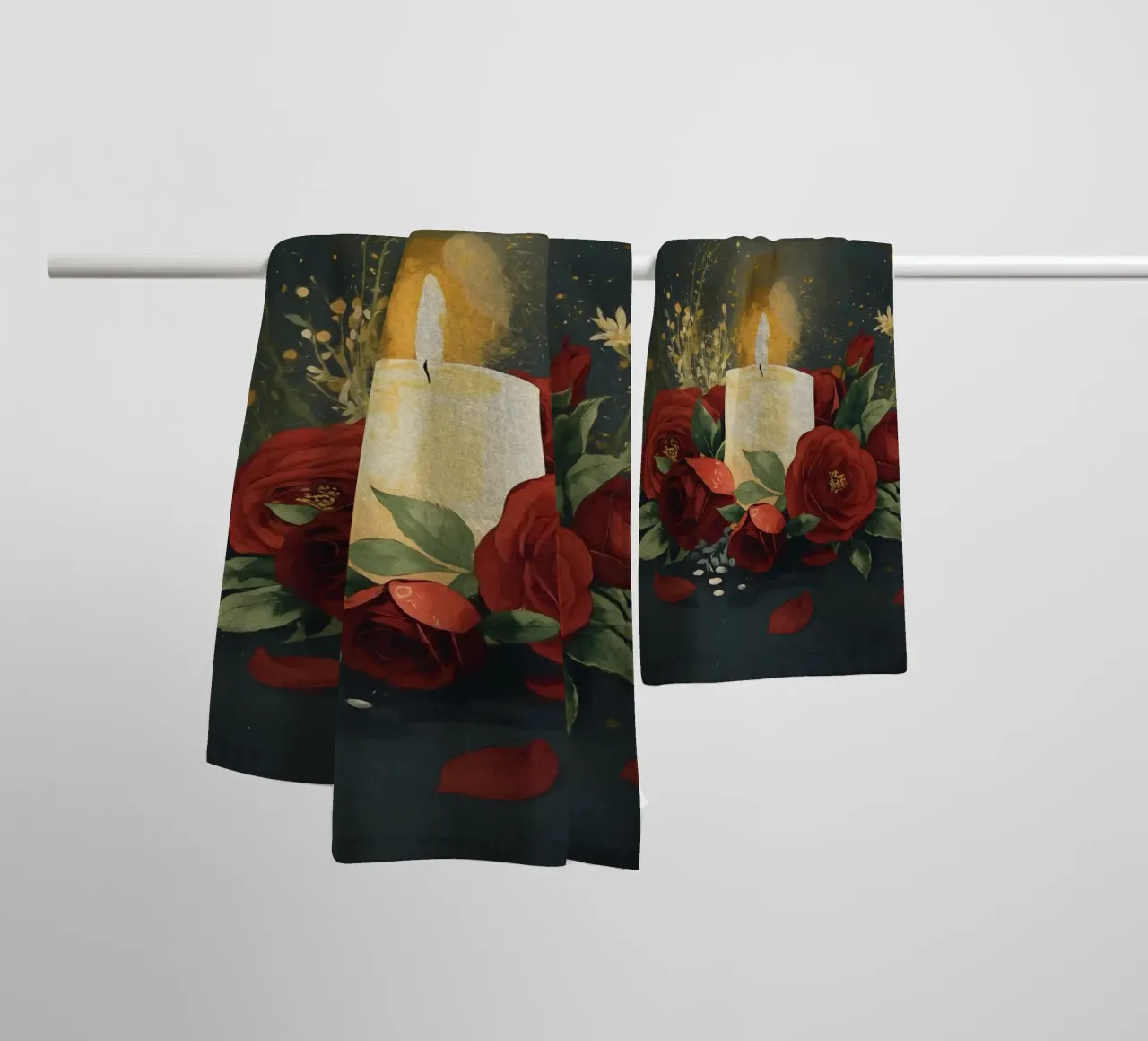 Pittura digitale di rose rosse e candele bianche asciugamano da bagno da Bloom And Brush