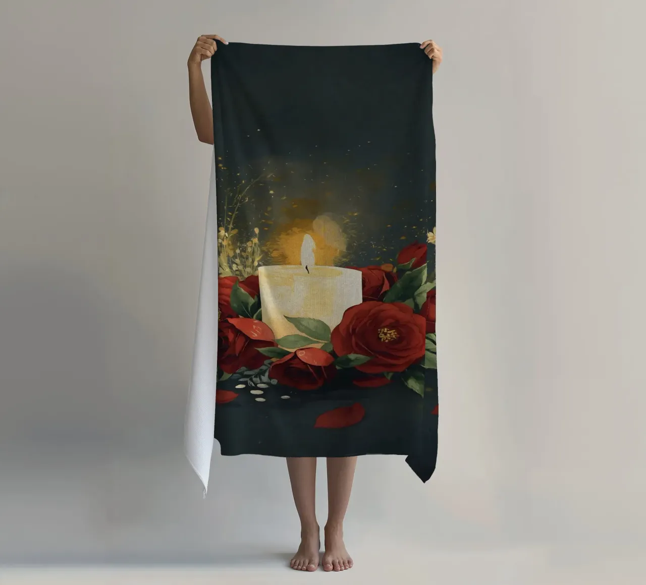 Pittura digitale di rose rosse e candele bianche telo mare da Bloom And Brush