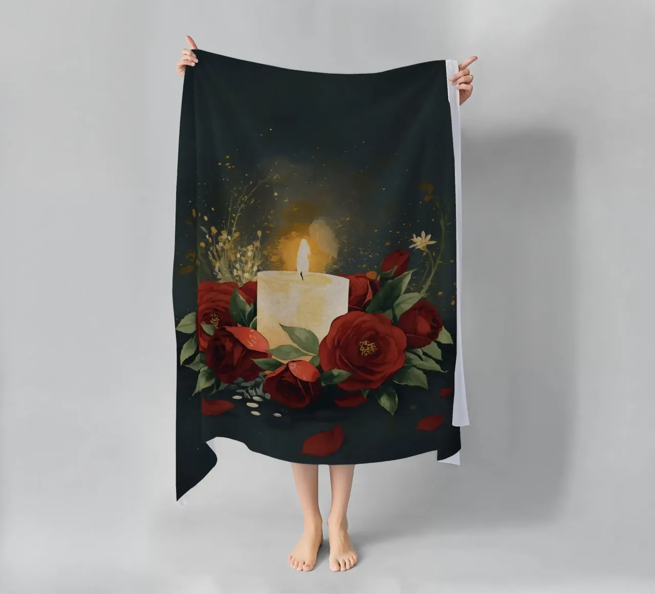 Pittura digitale di rose rosse e candele bianche telo mare da Bloom And Brush