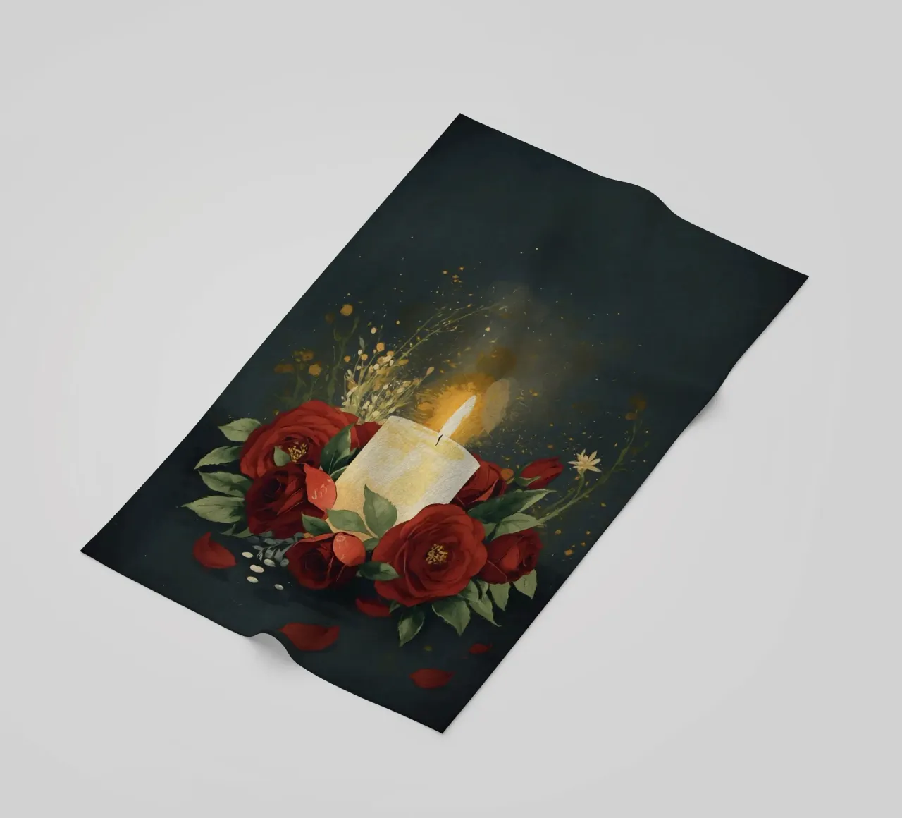 Pittura digitale di rose rosse e candele bianche telo mare da Bloom And Brush