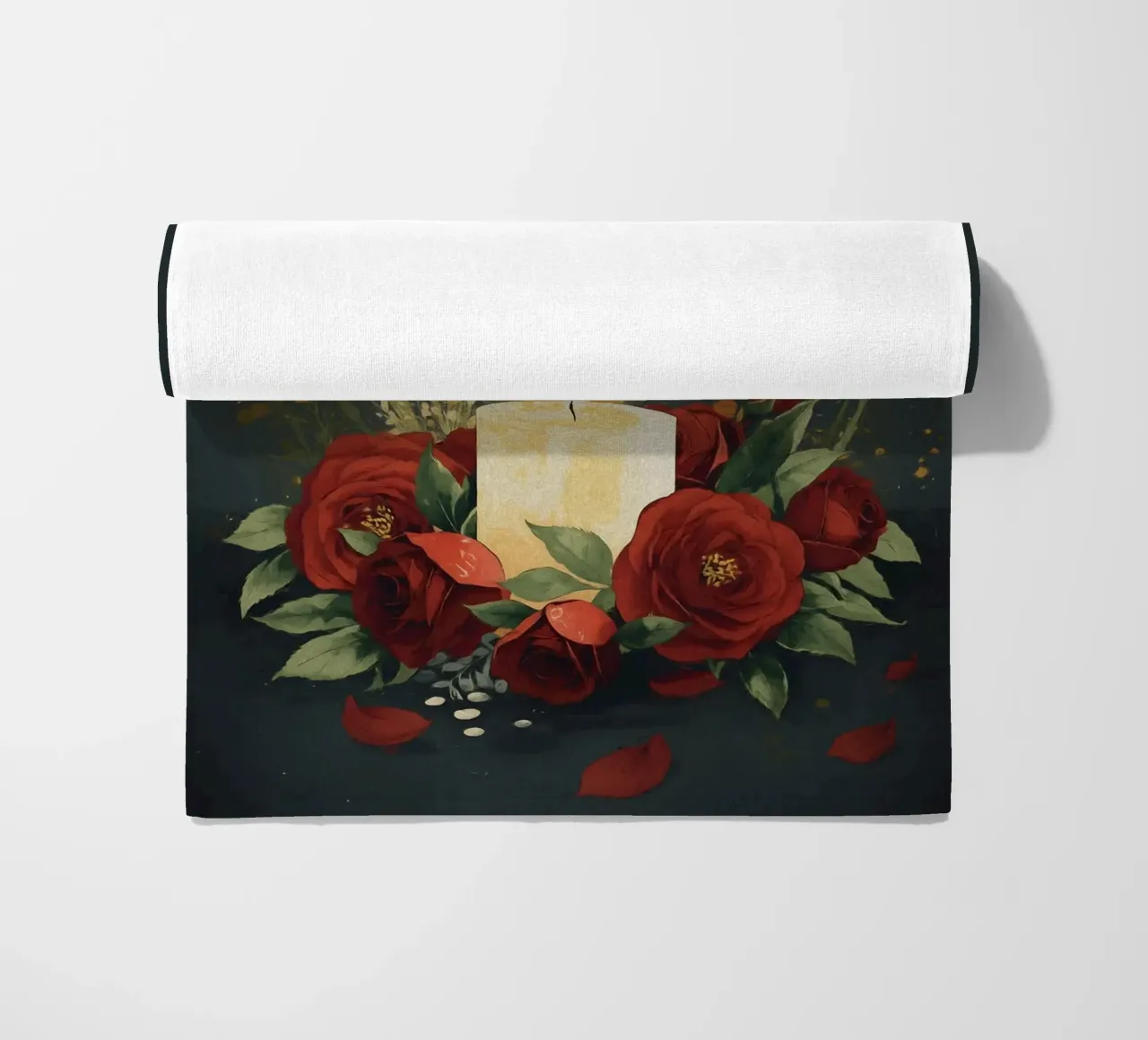 Pittura digitale di rose rosse e candele bianche telo mare da Bloom And Brush