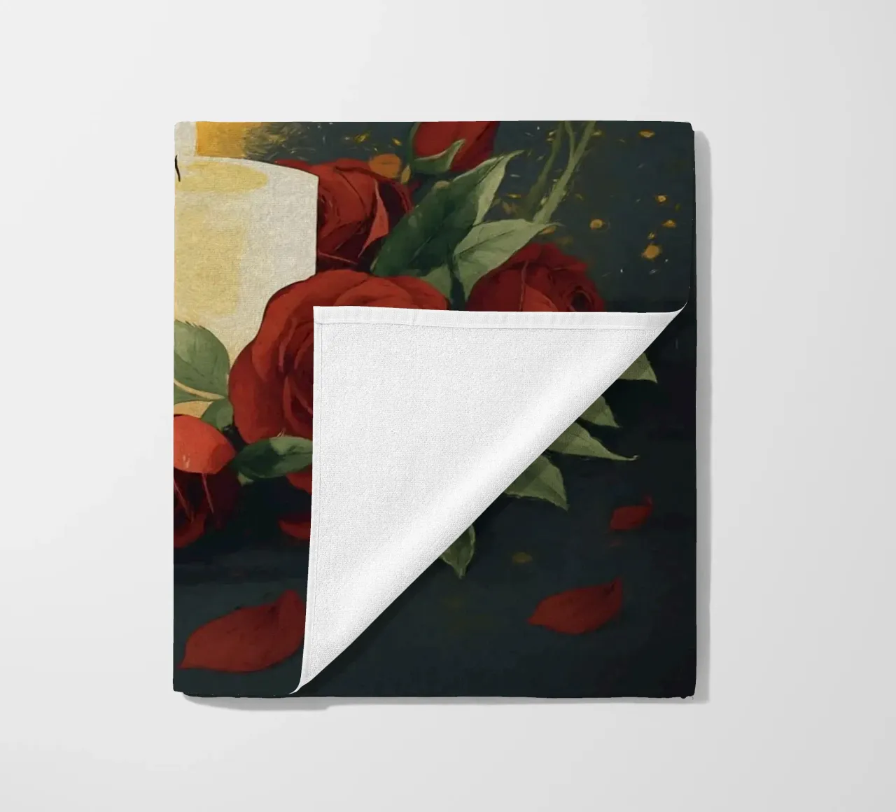 Pittura digitale di rose rosse e candele bianche telo mare da Bloom And Brush