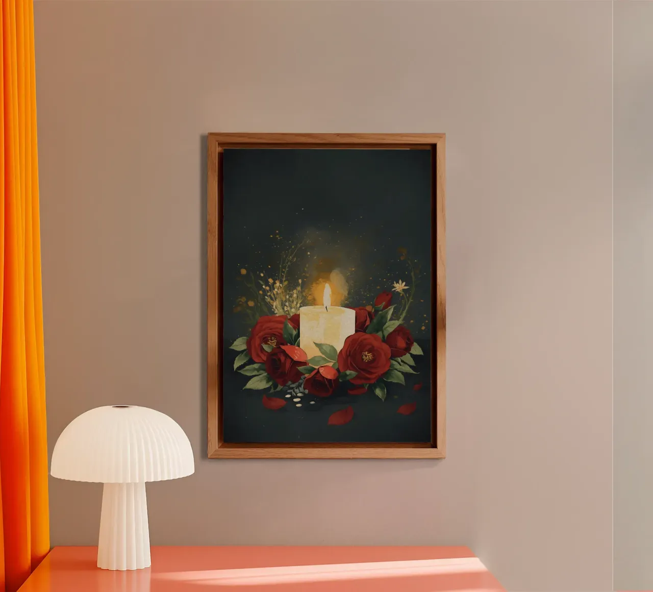Pittura digitale di rose rosse e candele bianche alluminio dibond da Bloom And Brush