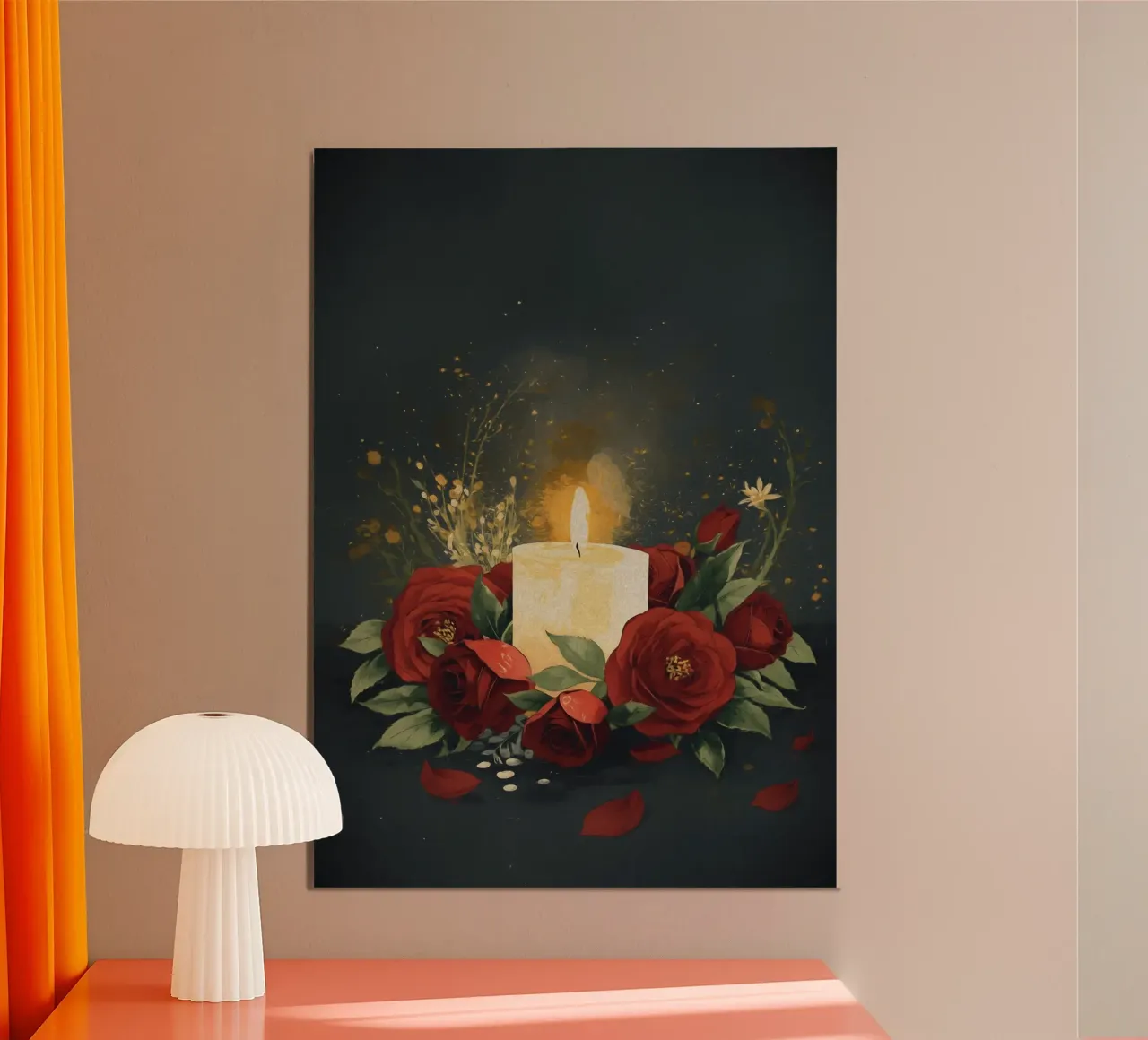 Pittura digitale di rose rosse e candele bianche alluminio dibond da Bloom And Brush