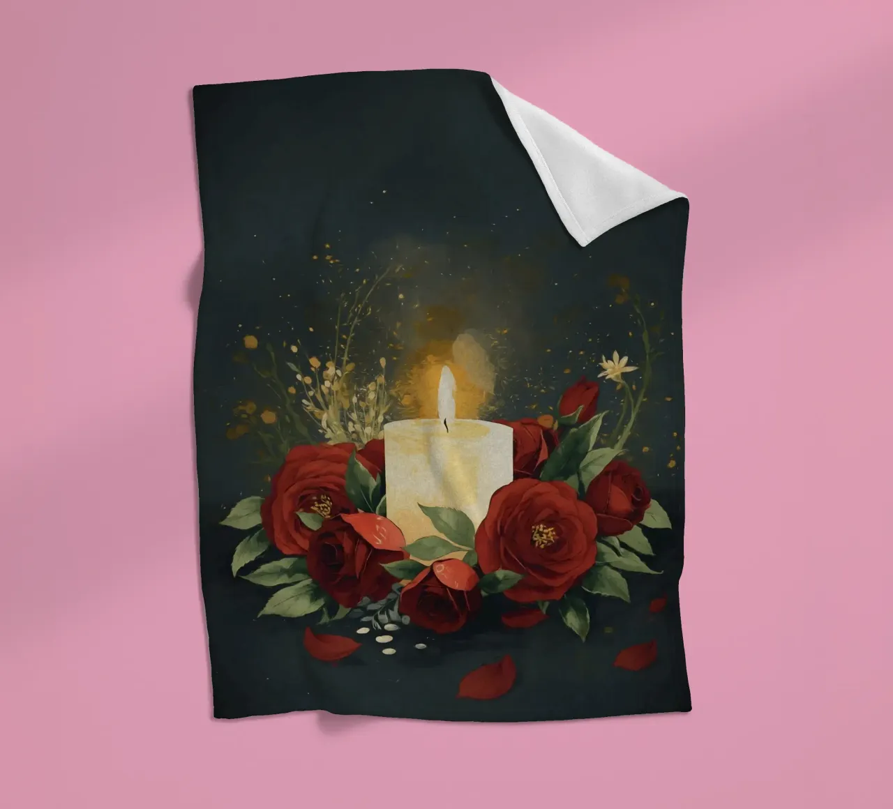 Pittura digitale di rose rosse e candele bianche coperta in pile da Bloom And Brush